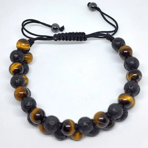 Natural Tiger Eye Black Lava Stone Double Strand Adjustable Lariat Bracelet